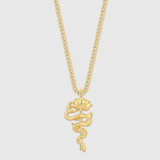 Gold serpent rose pendant necklace with twisted chain and coiled rose charm