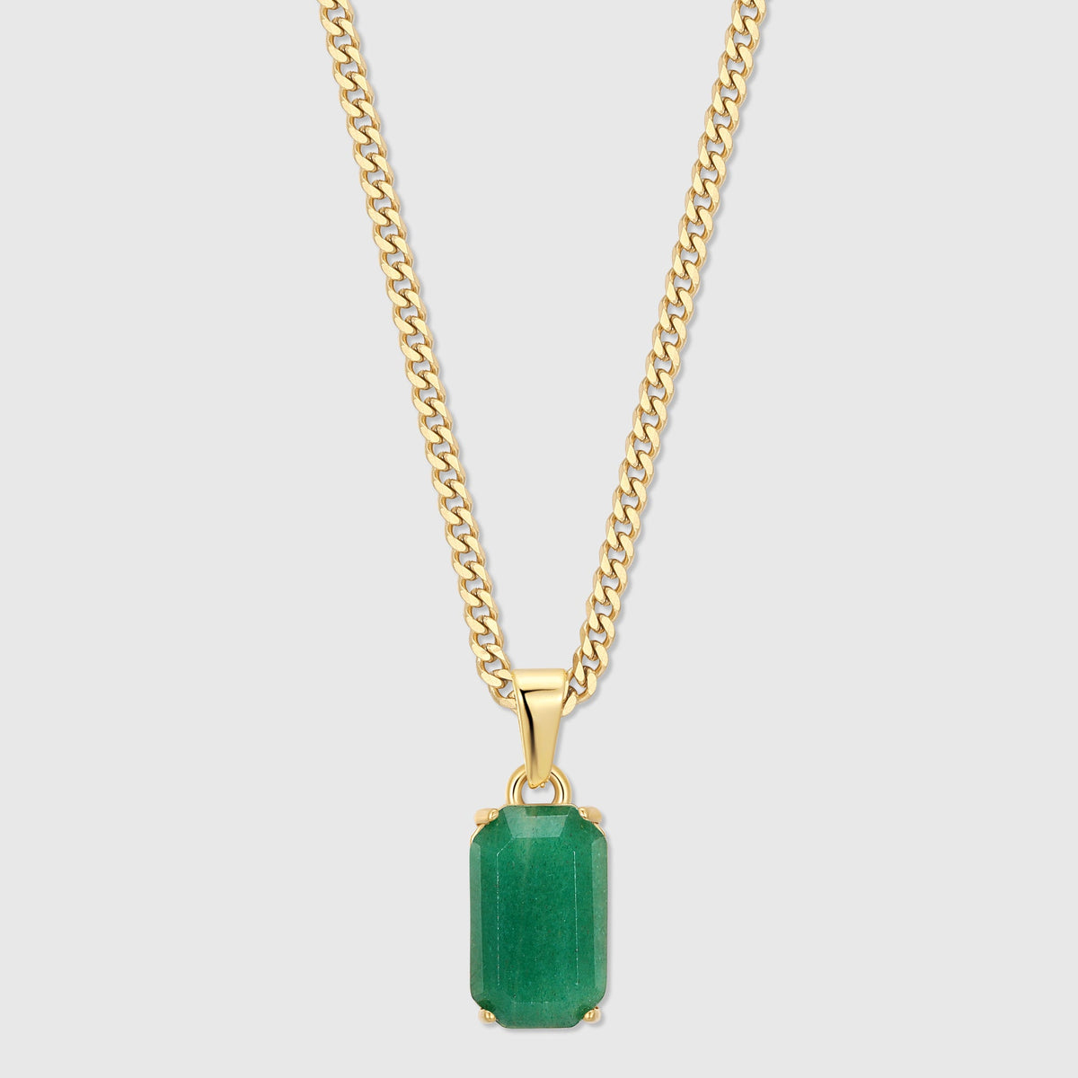 Gold chain necklace with green rectangular aventurine stone pendant