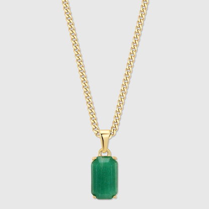 Gold chain necklace with green rectangular aventurine stone pendant