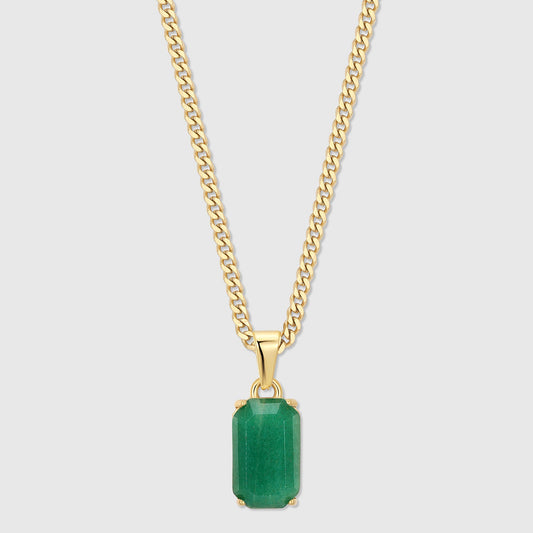 Gold chain necklace with green rectangular aventurine stone pendant