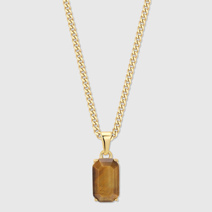 Gold tiger eye stone pendant with rectangular stone on a linked chain