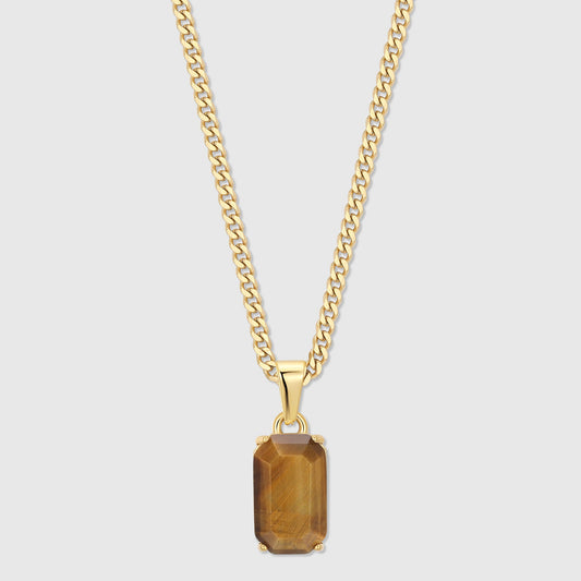 Gold tiger eye stone pendant with rectangular stone on a linked chain