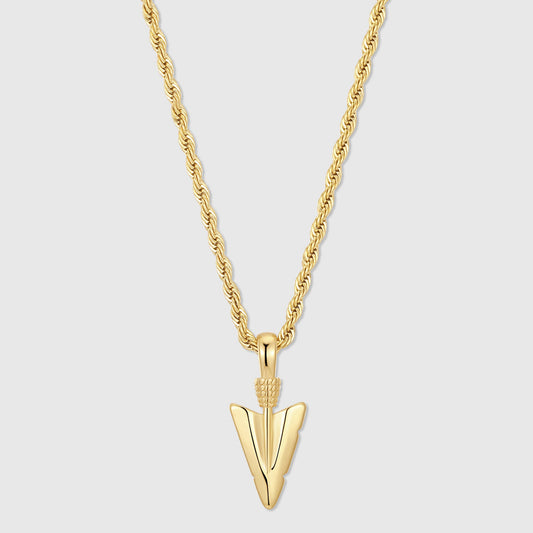 Gold arrow pendant on a twisted chain necklace, pointed triangular arrow design.