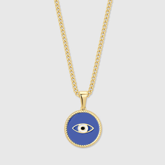 Gold evil-eye enamel pendant on gold chain, round blue eye design with bail