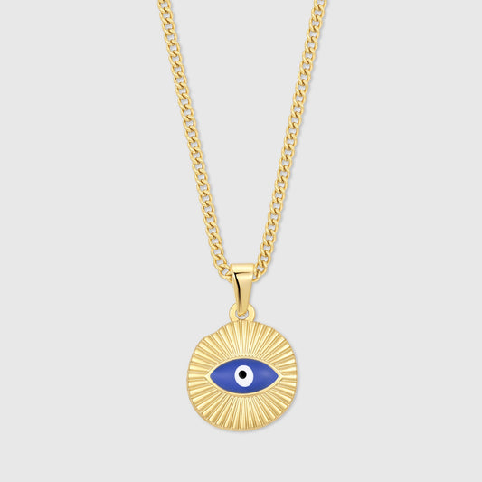 Gold evil eye pendant necklace with round blue eye center and sunburst bezel