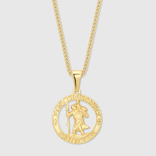 Gold curb chain necklace with round Saint Christopher medal pendant