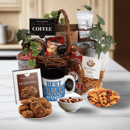 Dad’s Delight gift basket with wicker tray, assorted snacks, coffee, and hot mix