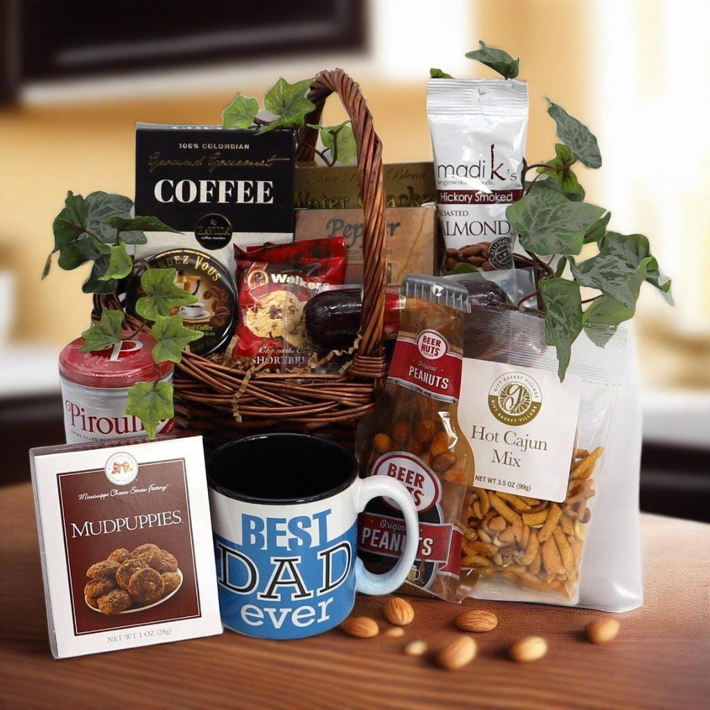 Dad’s Delight gift basket with wicker tray, Best Dad ever mug, snacks, peanuts, and coffee