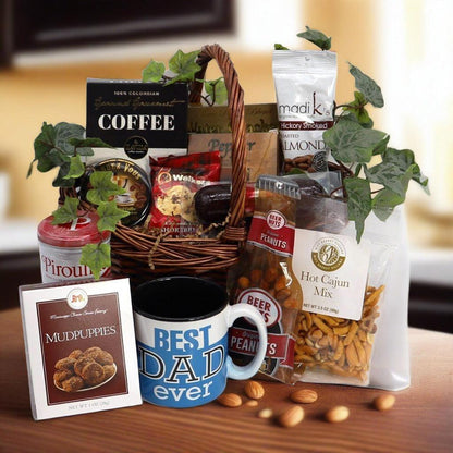 Dad’s Delight gift basket with wicker tray, Best Dad ever mug, snacks, peanuts, and coffee