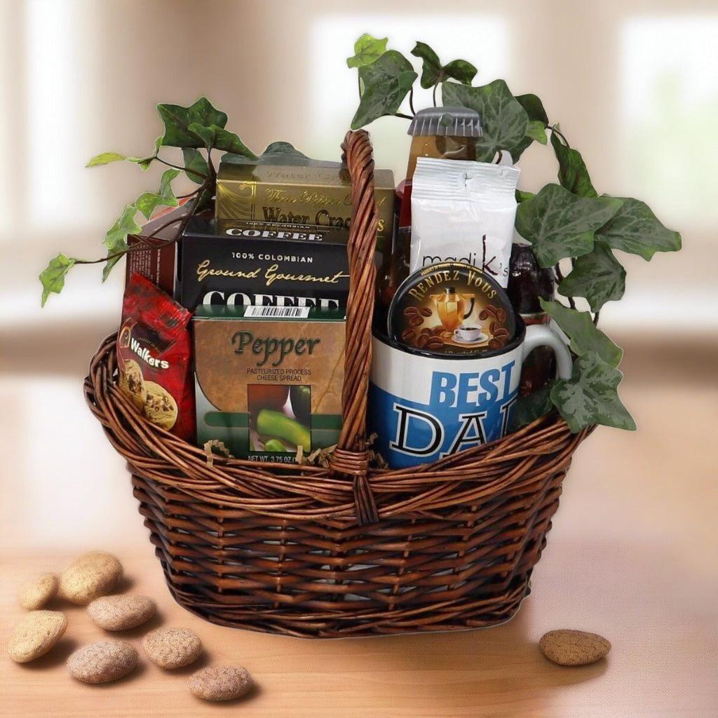 Dad’s Delight gift basket with wicker handle, coffee, pepper, and drink mix