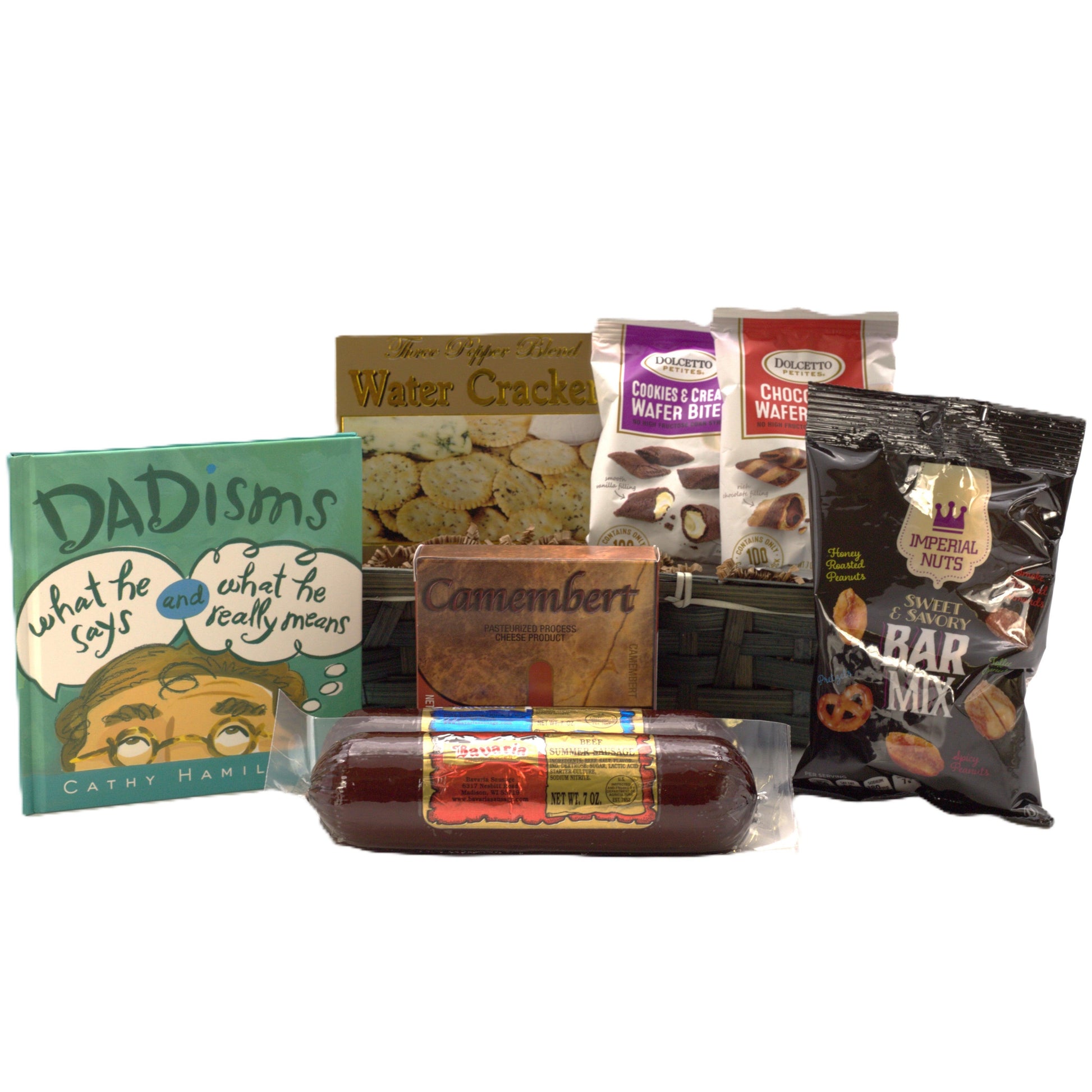 Snack and sausage gift basket with crackers, cheese, chocolate wafers, and nut mix