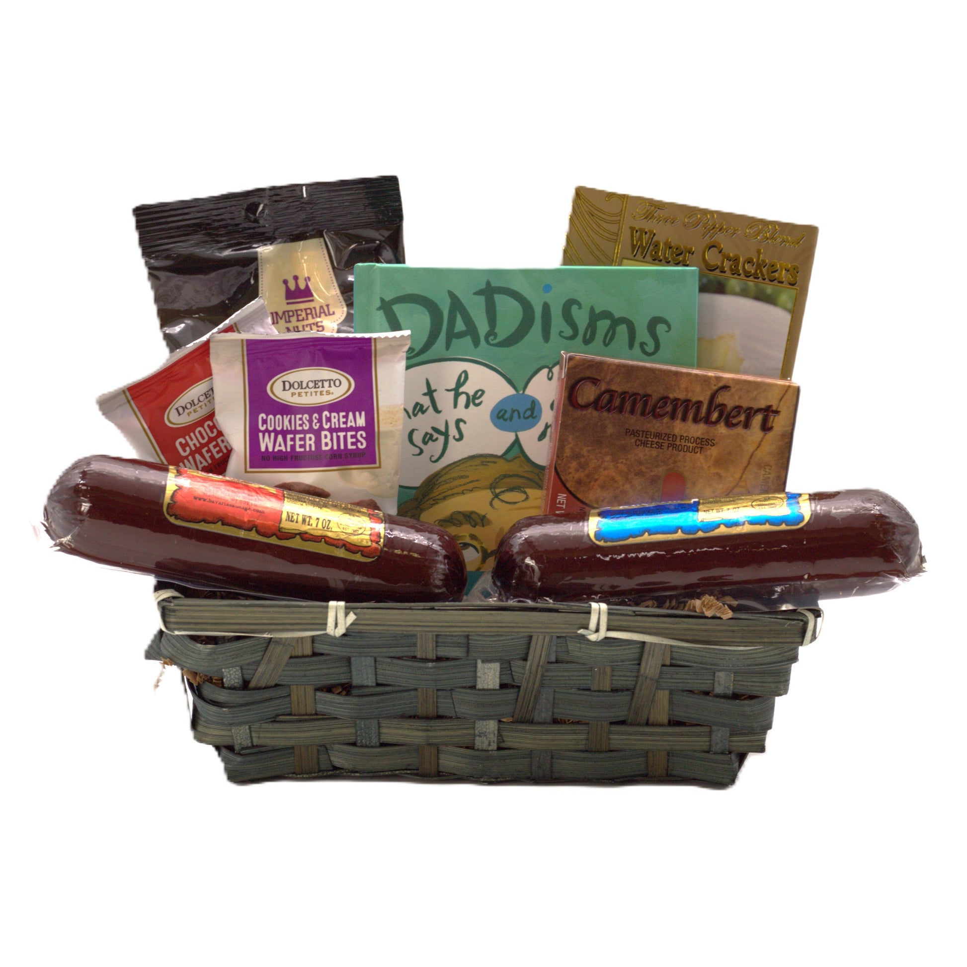 Snack and sausage gift basket in a woven basket with salami, crackers, and cheese