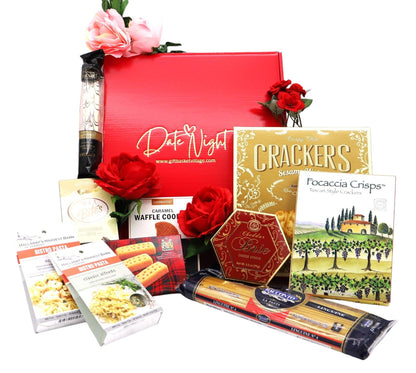 Red date-night gift box with crackers, cookies, waffles, and red roses