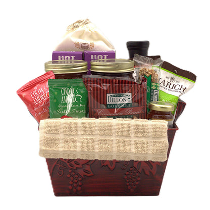 Christmas morning breakfast tray with woven handle and bundled chocolate and candy contents