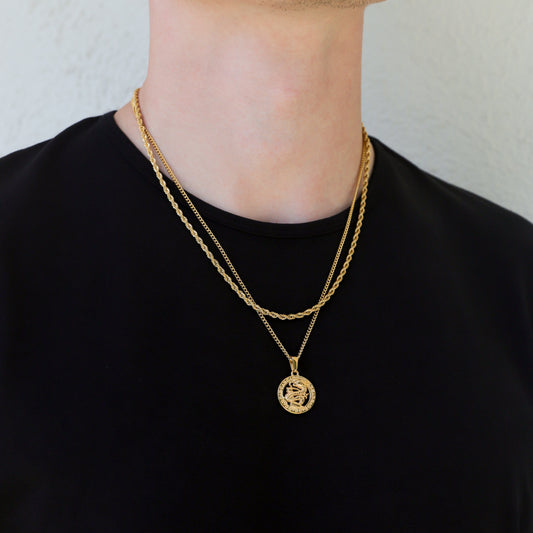 Gold dragon pendant necklace set with round medallion pendant on layered chains