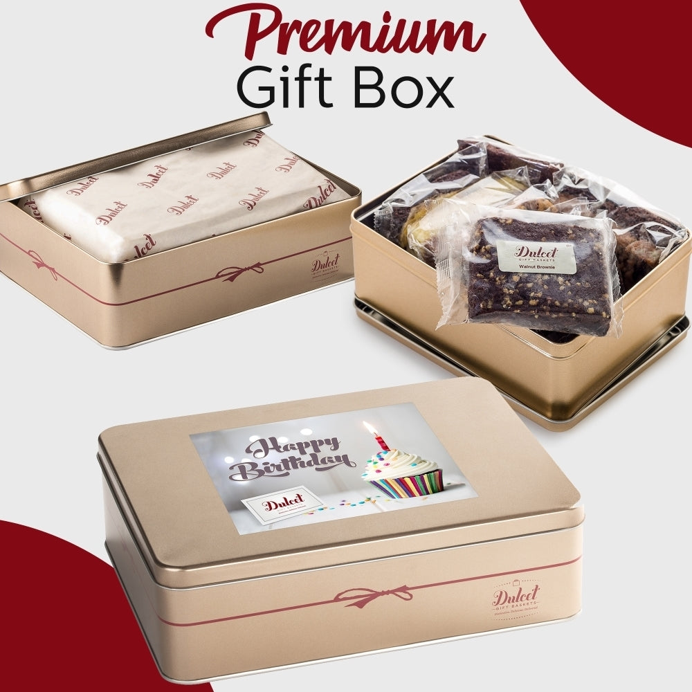 Gourmet cookie and brownie tin set with Premium Gift Box tins and wrapped desserts