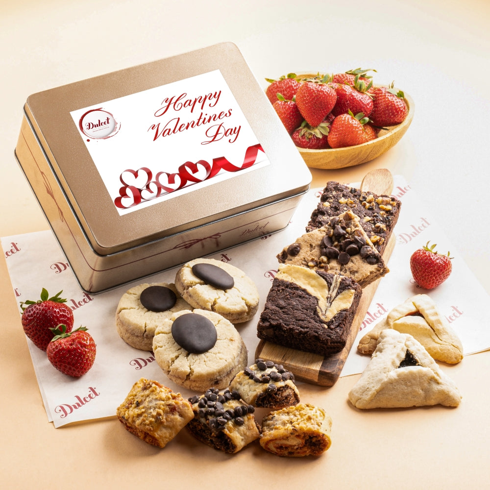 Cookie and brownie gift tin with window, assorted cookies and brownies with red Valentine card