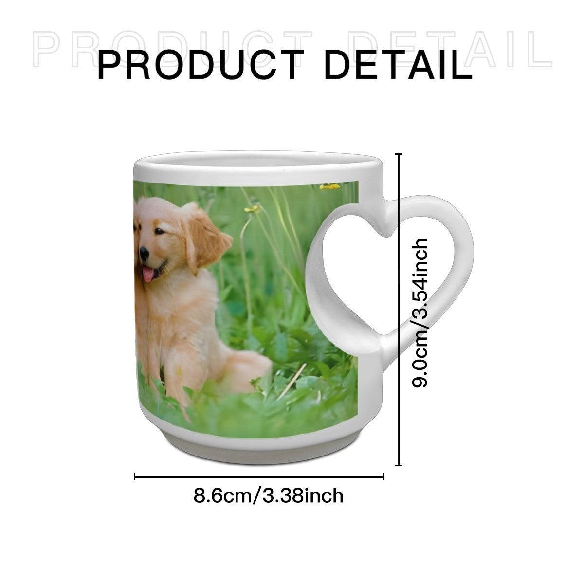 White ceramic mug with heart handle and golden puppy photo print, size diagram