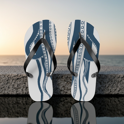 Octopus print flip-flops with black straps, blue-and-white patterned straps and dark sole
