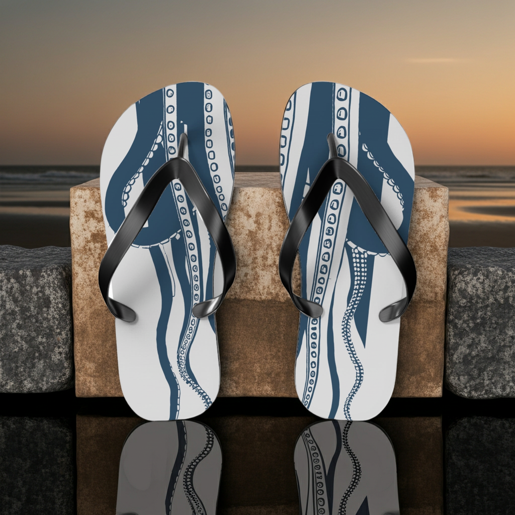 Octopus print flip-flops with blue-and-white graphic straps and black thong sole