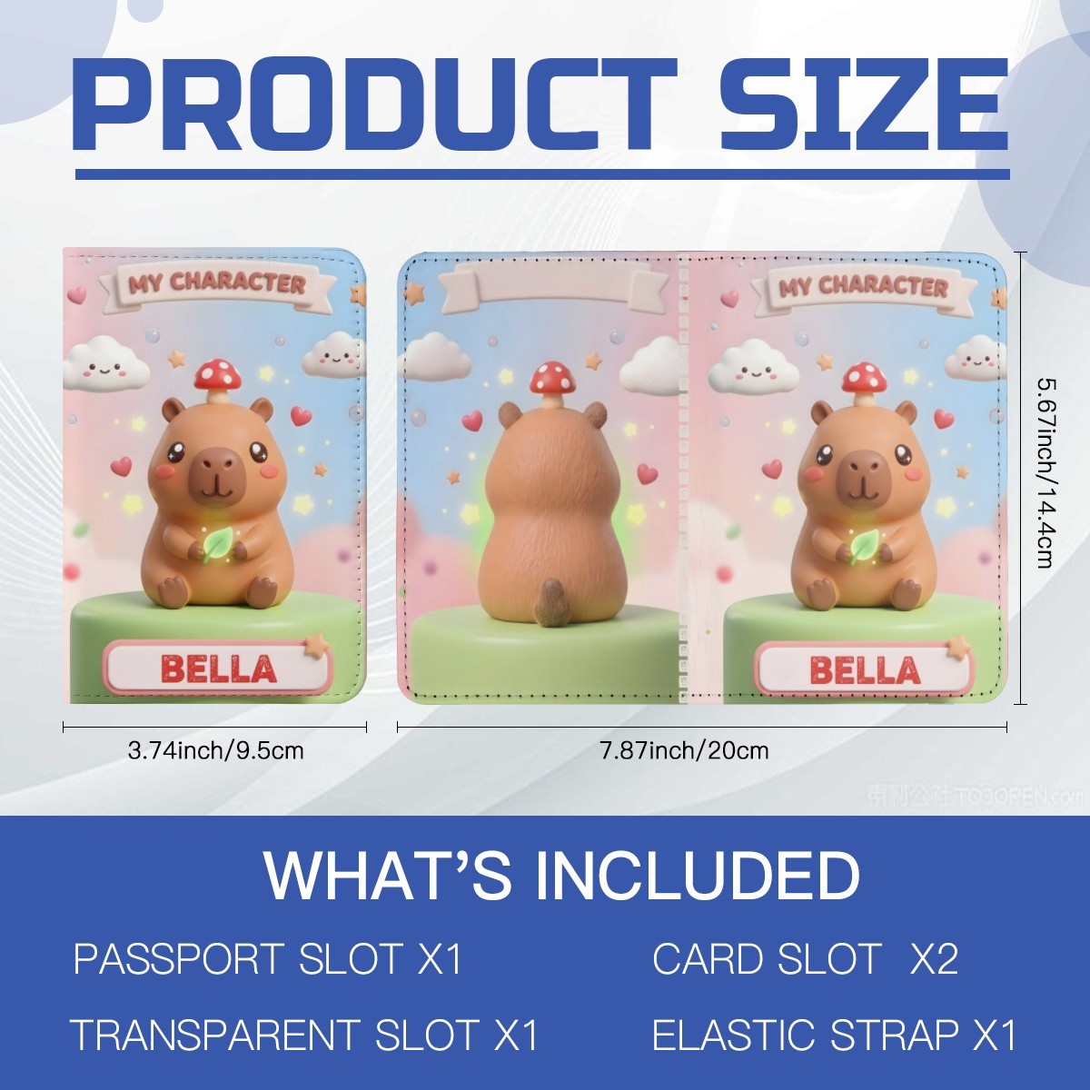 Personalized passport holder pair with capybara prints, 'MY CHARACTER' tags and 'BELLA' labels