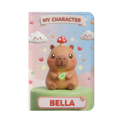 Personalized passport holder with capybara cartoon, 'MY CHARACTER' tag and 'BELLA' label