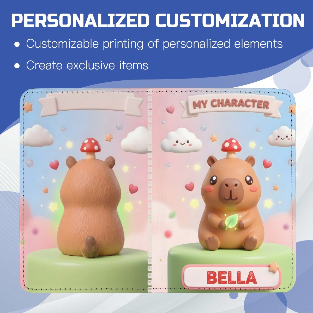 Personalized passport holder with capybara artwork, 'MY CHARACTER' tag and 'BELLA' name strip