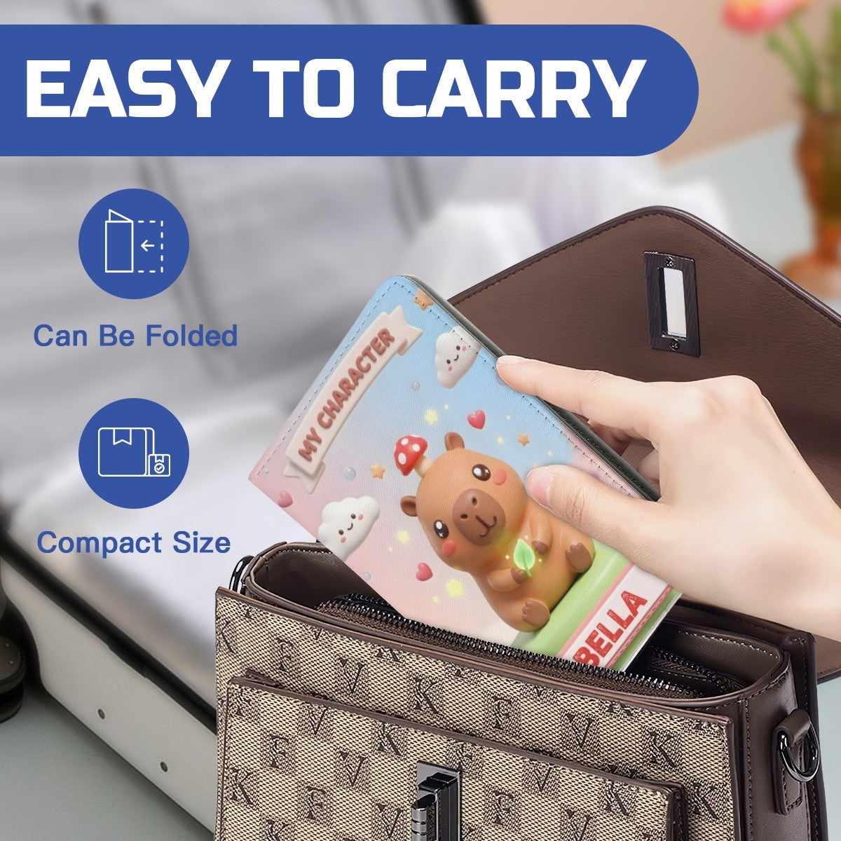 Personalized passport holder open, capybara cover and 'BELLA' name strip