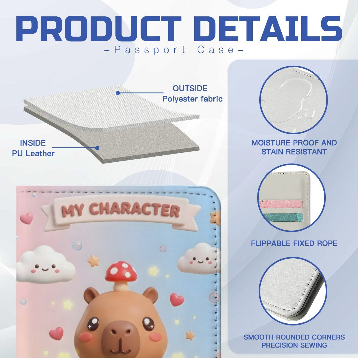 Passport case with capybara print, 'MY CHARACTER' tag, rounded corners and stitched edges