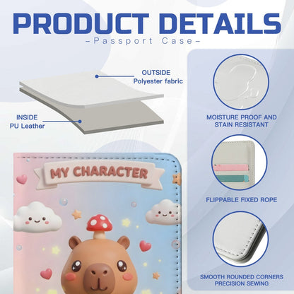 Passport case with capybara print, 'MY CHARACTER' tag, rounded corners and stitched edges