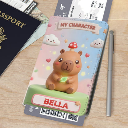Personalized passport holder with capybara print and 'BELLA' name strip, blue trim