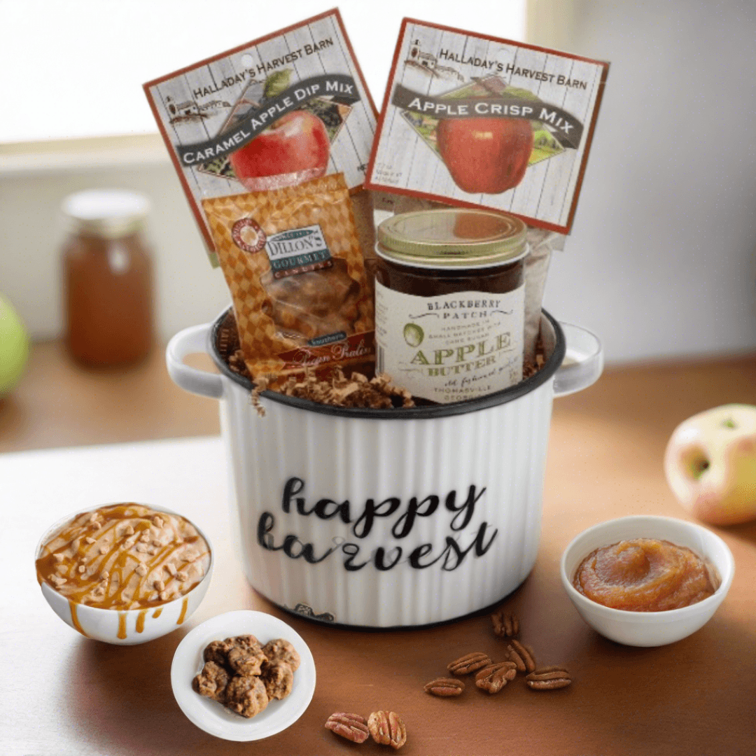Happy harvest gift basket in white enamel pail with dip mixes and fruit jam jar