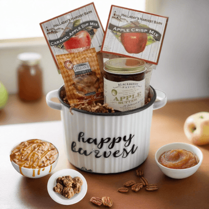 Happy harvest gift basket in white enamel pail with dip mixes and fruit jam jar