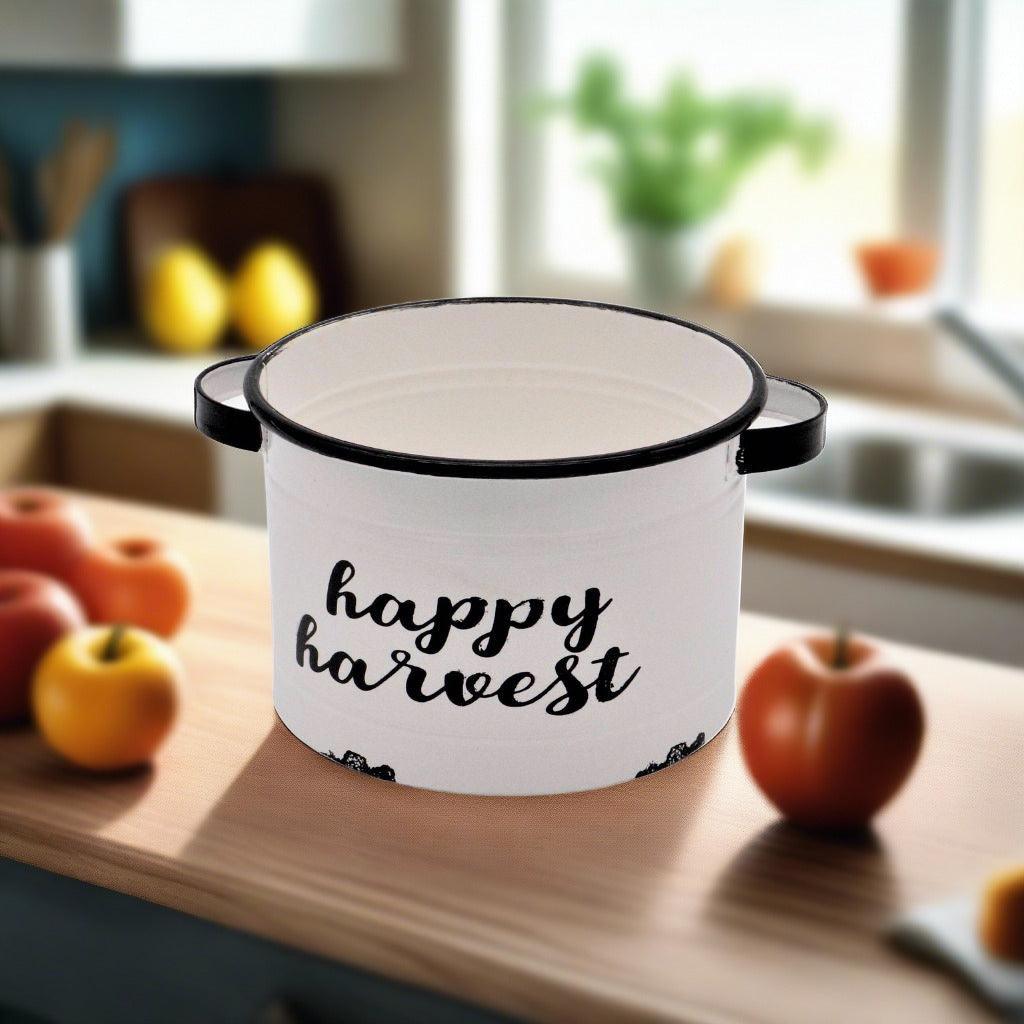Happy harvest gift basket white enamel pail with 'happy harvest' lettering on table