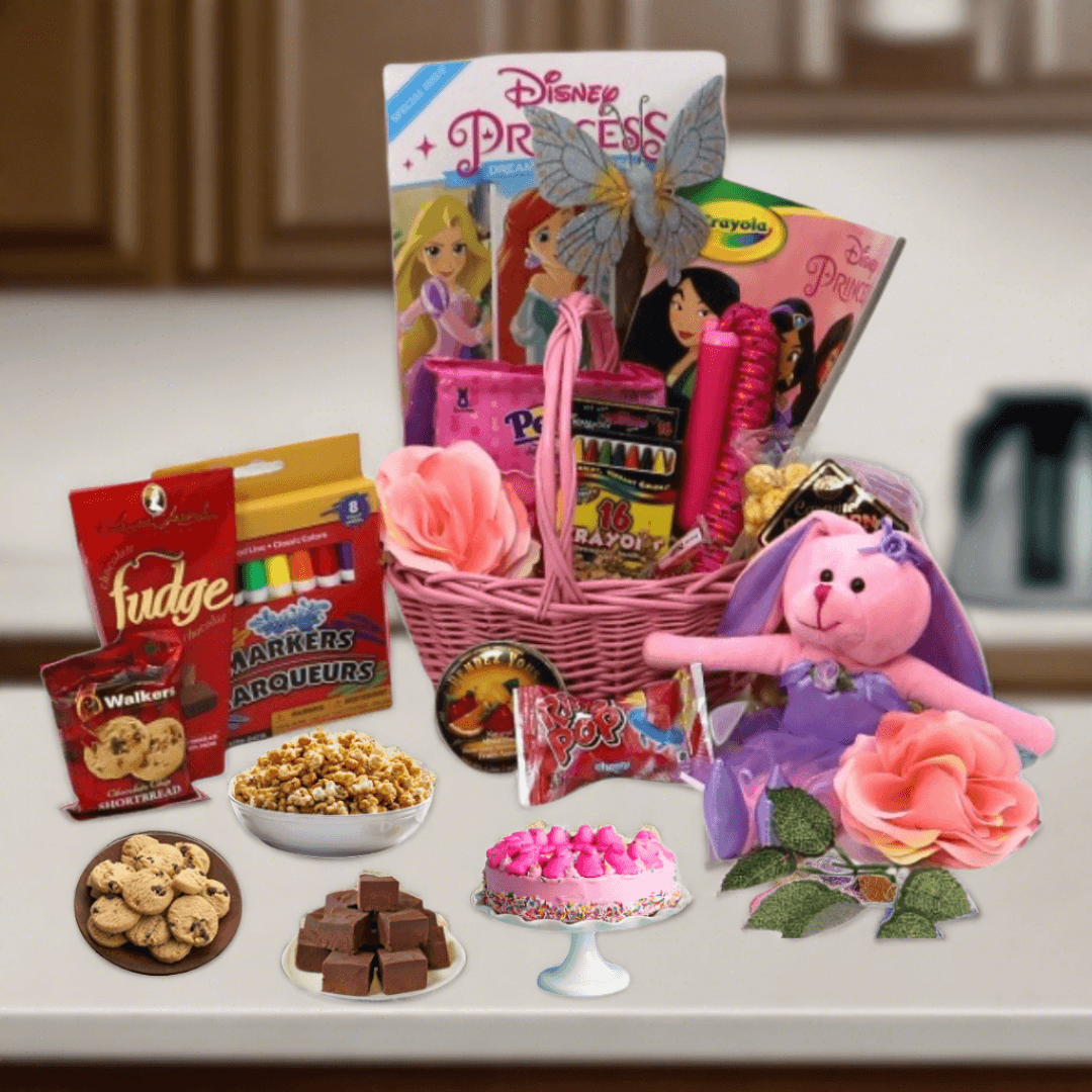 Pink wicker princess gift basket with plush bunny, candy, cookies, and boxed items
