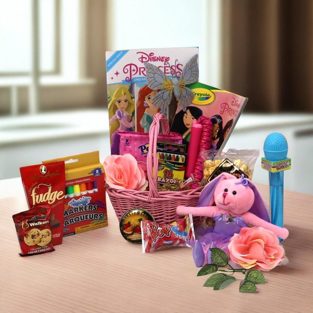 Pink wicker princess gift basket with plush bunny, colorful candy packs, and treats