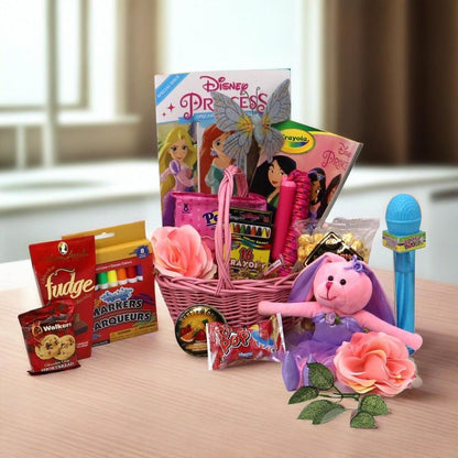 Pink wicker princess gift basket with plush bunny, colorful candy packs, and treats