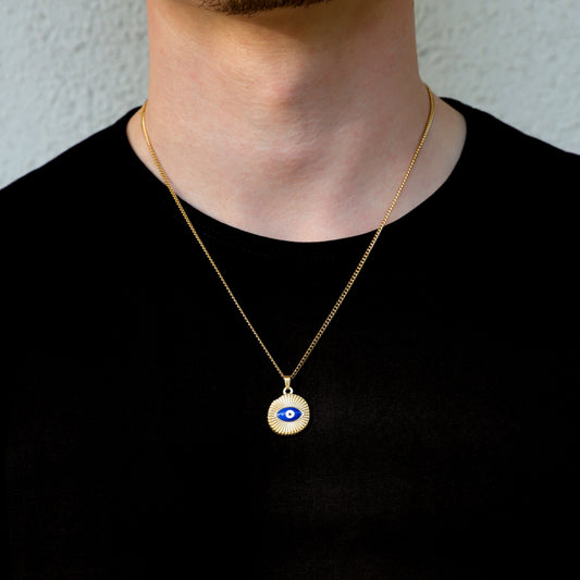 Gold chain evil eye pendant necklace with small round blue eye charm