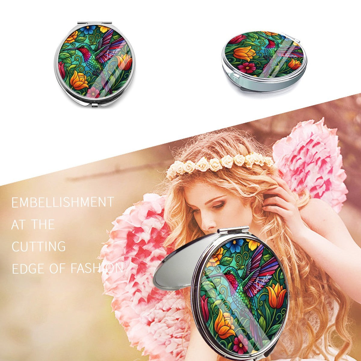Compact mirror shown in front and side views, with colorful hummingbird and flower artwork