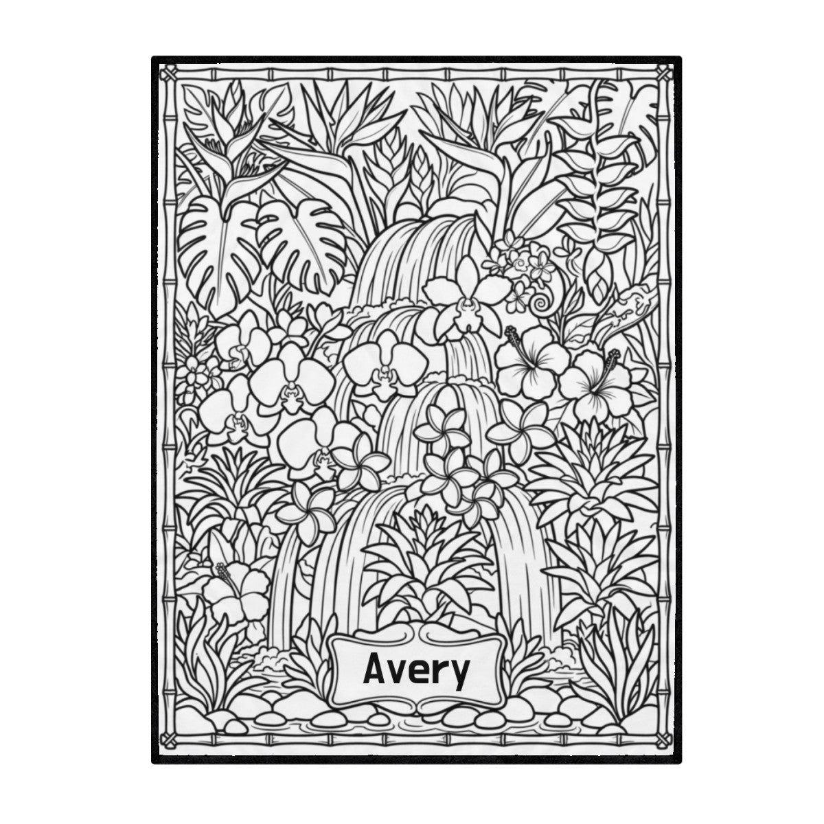 Jungle waterfall coloring blanket with black outline artwork and border on white fabric