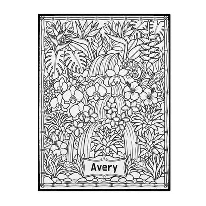 Jungle waterfall coloring blanket with black outline artwork and border on white fabric