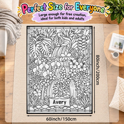 Jungle waterfall coloring blanket with black line art and 'Avery' name panel