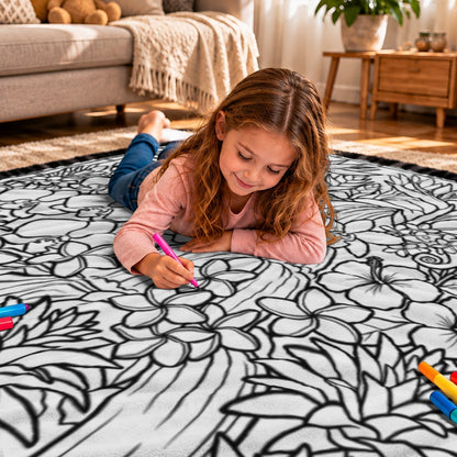 Kids coloring a black-and-white jungle doodle blanket with fabric markers on a bed
