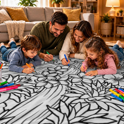 Family coloring a black-and-white jungle doodle coloring blanket together with markers