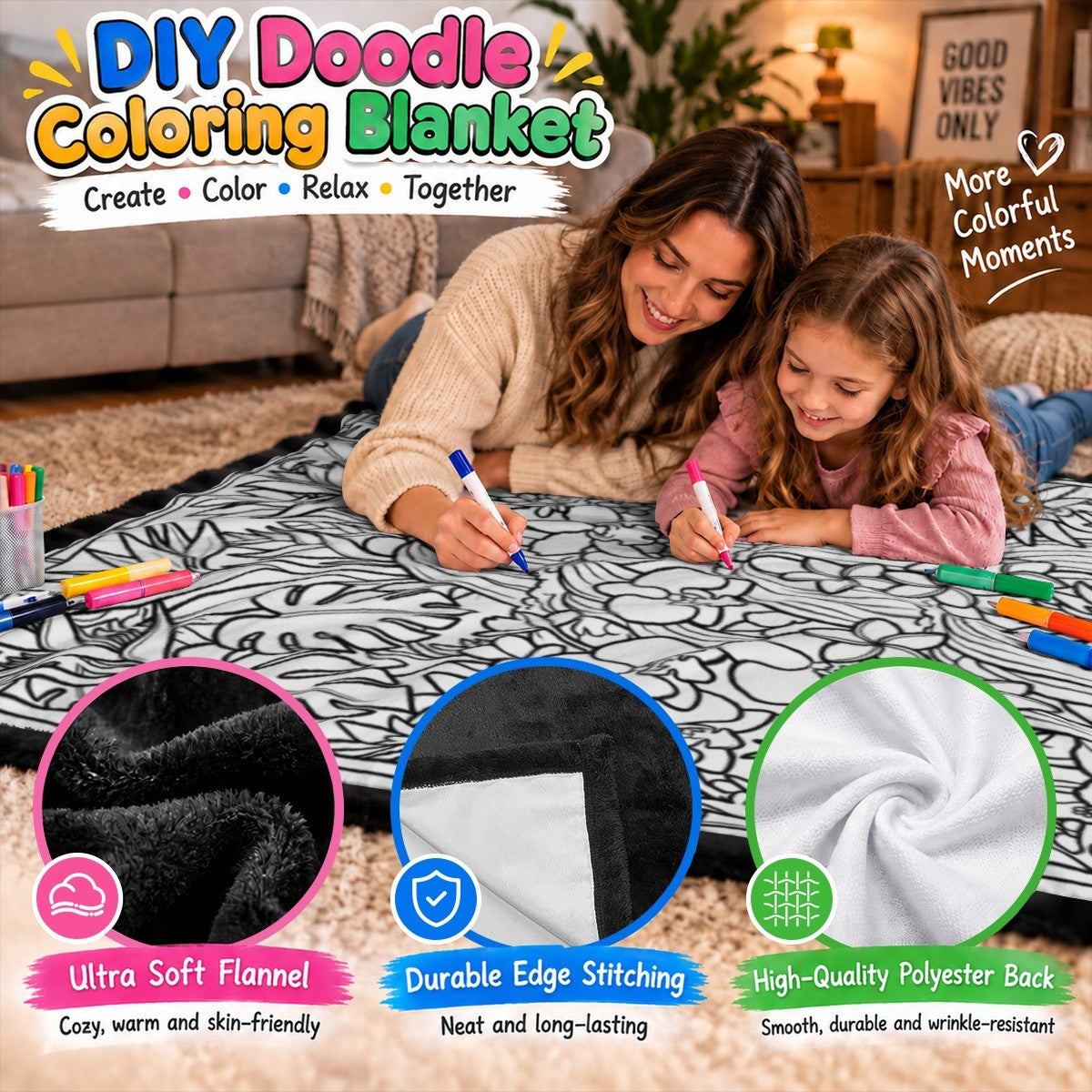 Mother and child coloring a black outline jungle blanket with colorful fabric markers