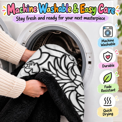 Coloring blanket with jungle line art being placed into a front-load washing machine