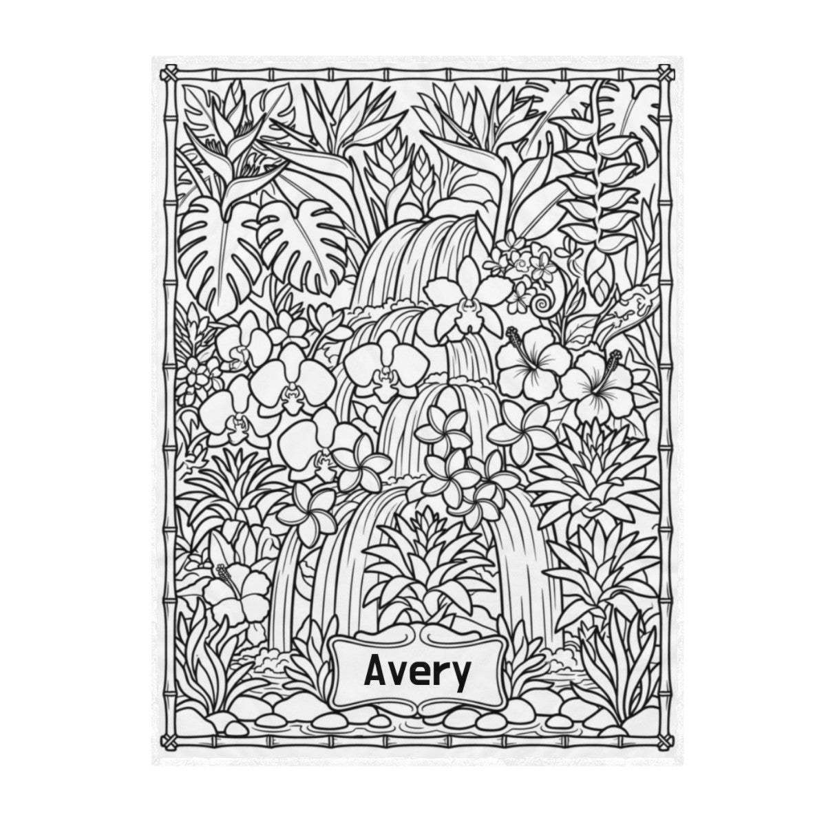 Jungle waterfall coloring blanket, black outline art and centered 'Avery' label