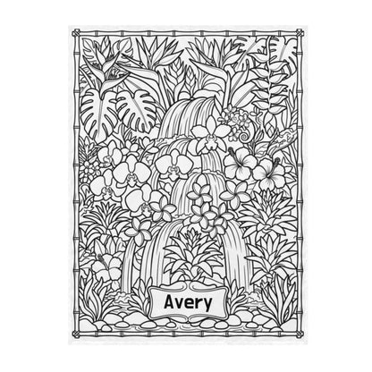 Jungle waterfall coloring blanket, black outline art and centered 'Avery' label