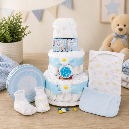 Blue two-tier diaper cake with top hat; blue ribbon, socks, and baby bib