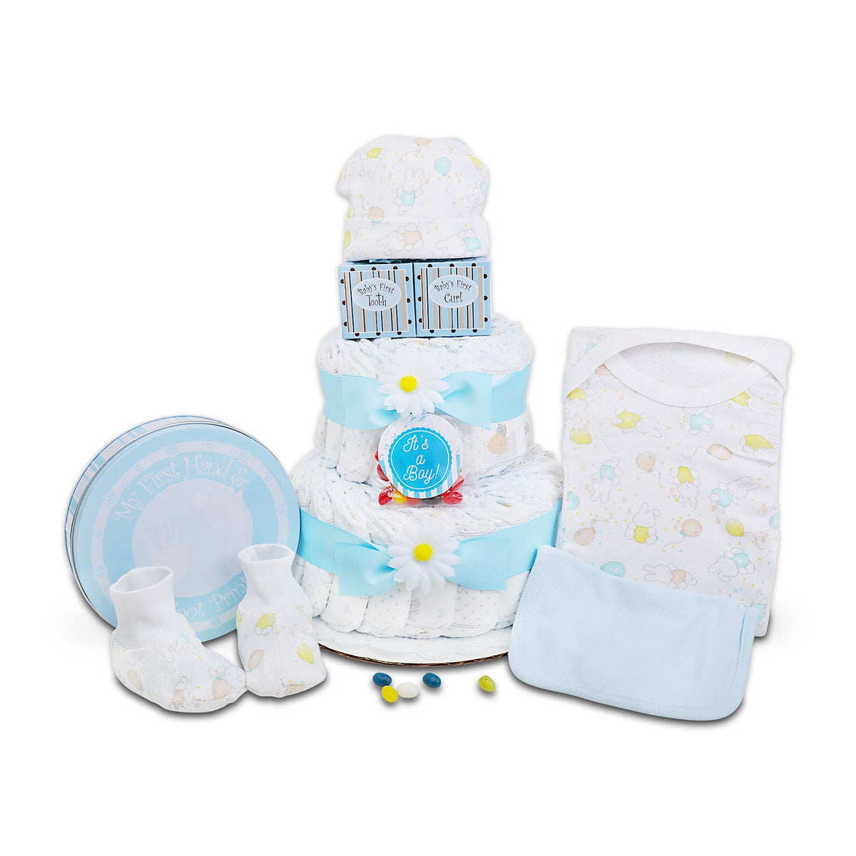 Blue two-tier diaper cake with socks, round baby badge, and baby bib